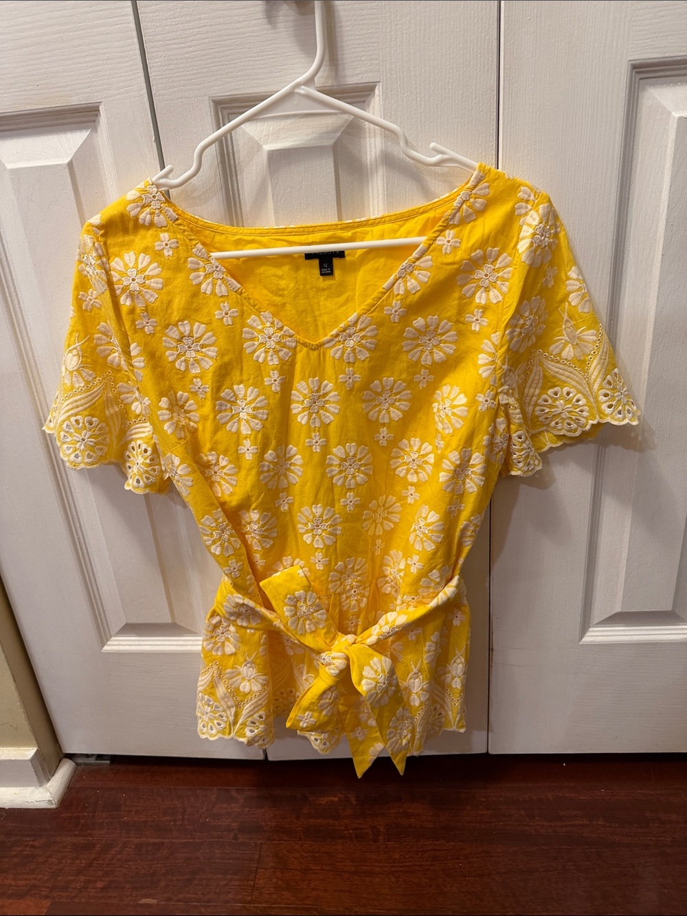 Talbots Yellow Floral Embroidered Tie-Front Blouse